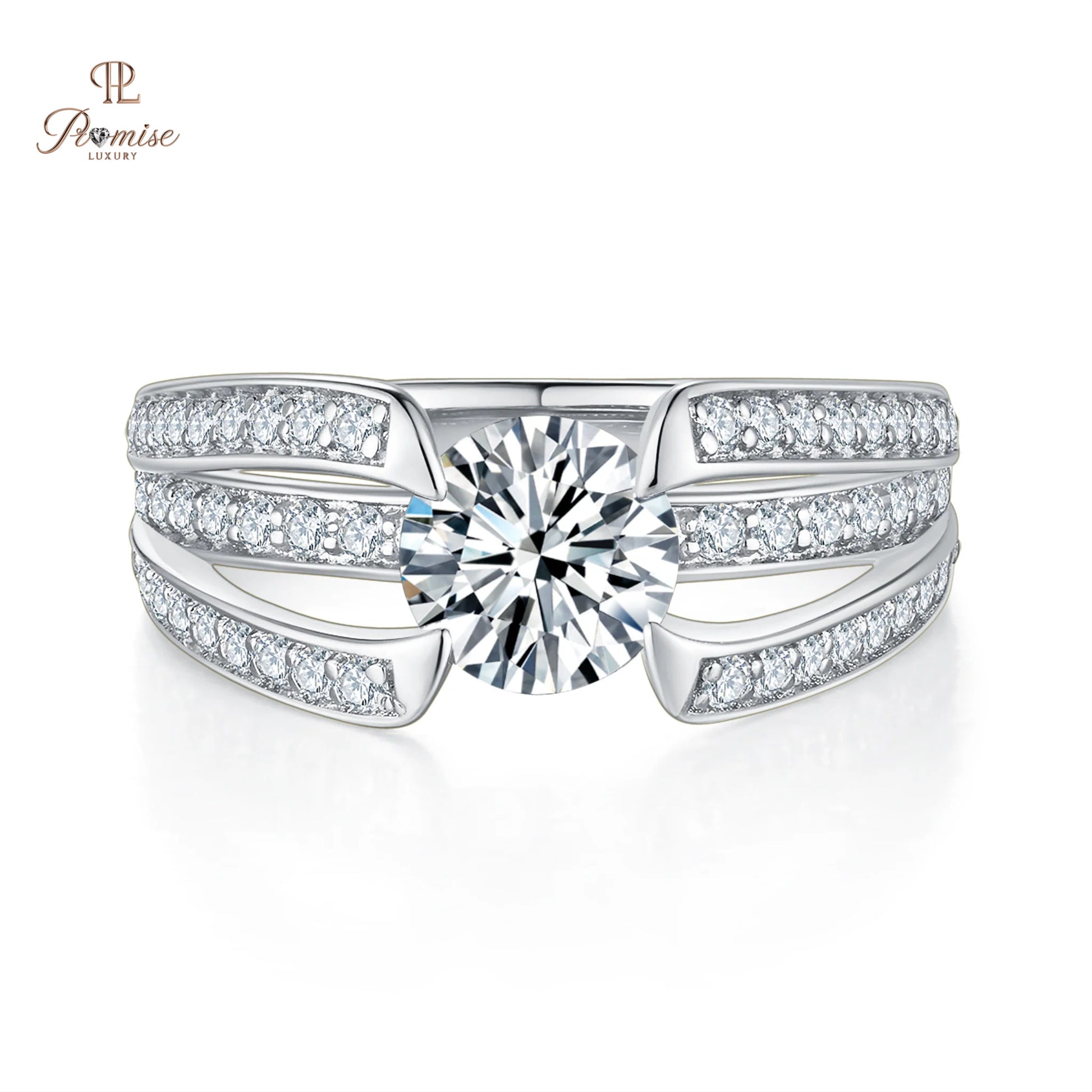 Premium Split Shank pave Diamond Engagement Ring - Round Solitire white Gold Ring