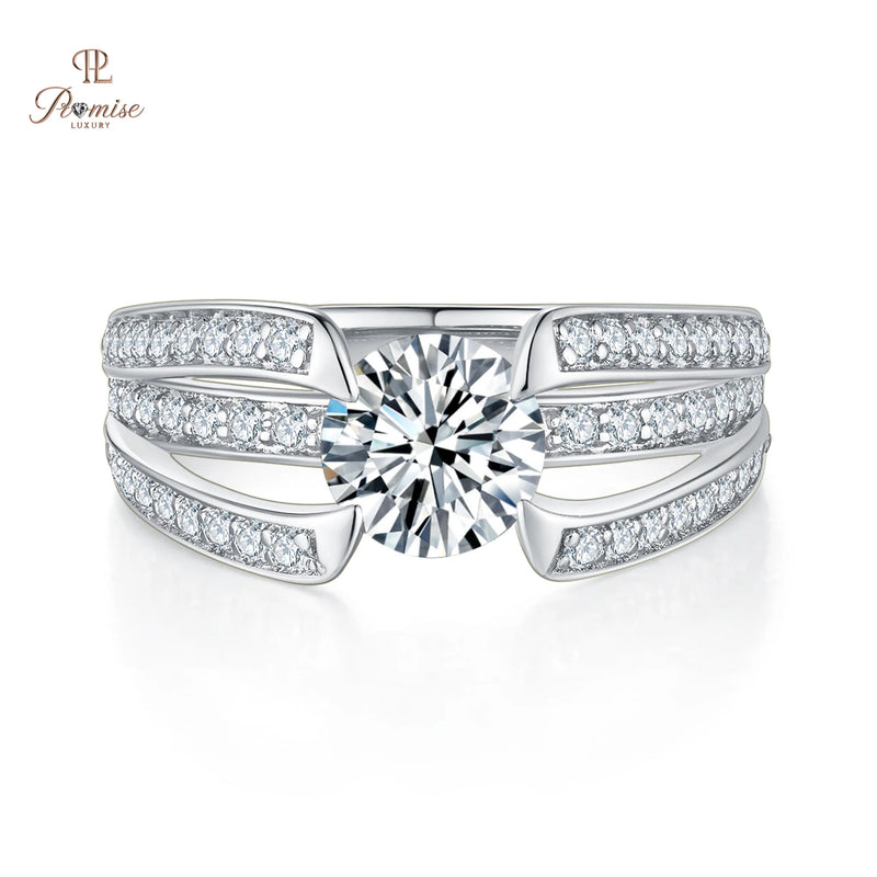 Premium Split Shank pave Diamond Engagement Ring - Round Solitire white Gold Ring
