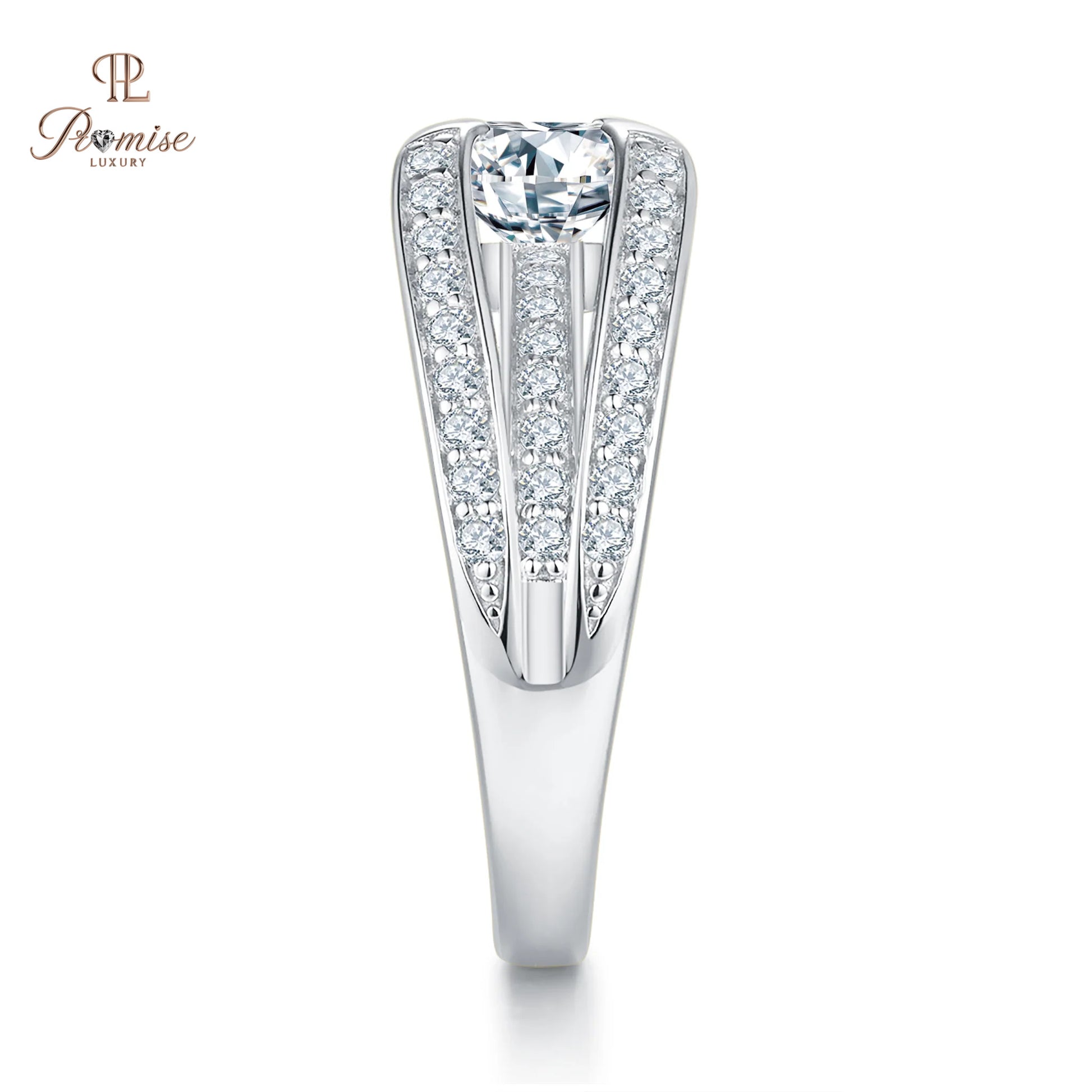 Premium Split Shank pave Diamond Engagement Ring - Round Solitire white Gold Ring