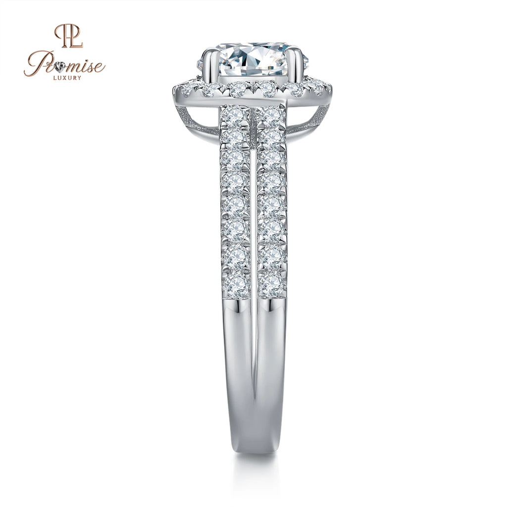 Sustainable Round Cut Halo Lab Grown Diamond Ring – Double Pave Band