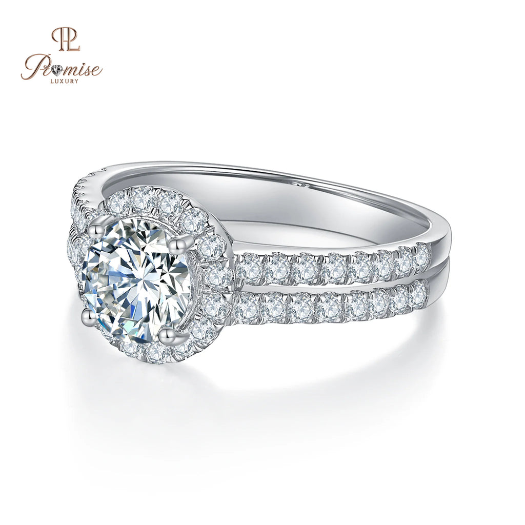 Sustainable Round Cut Halo Lab Grown Diamond Ring – Double Pave Band
