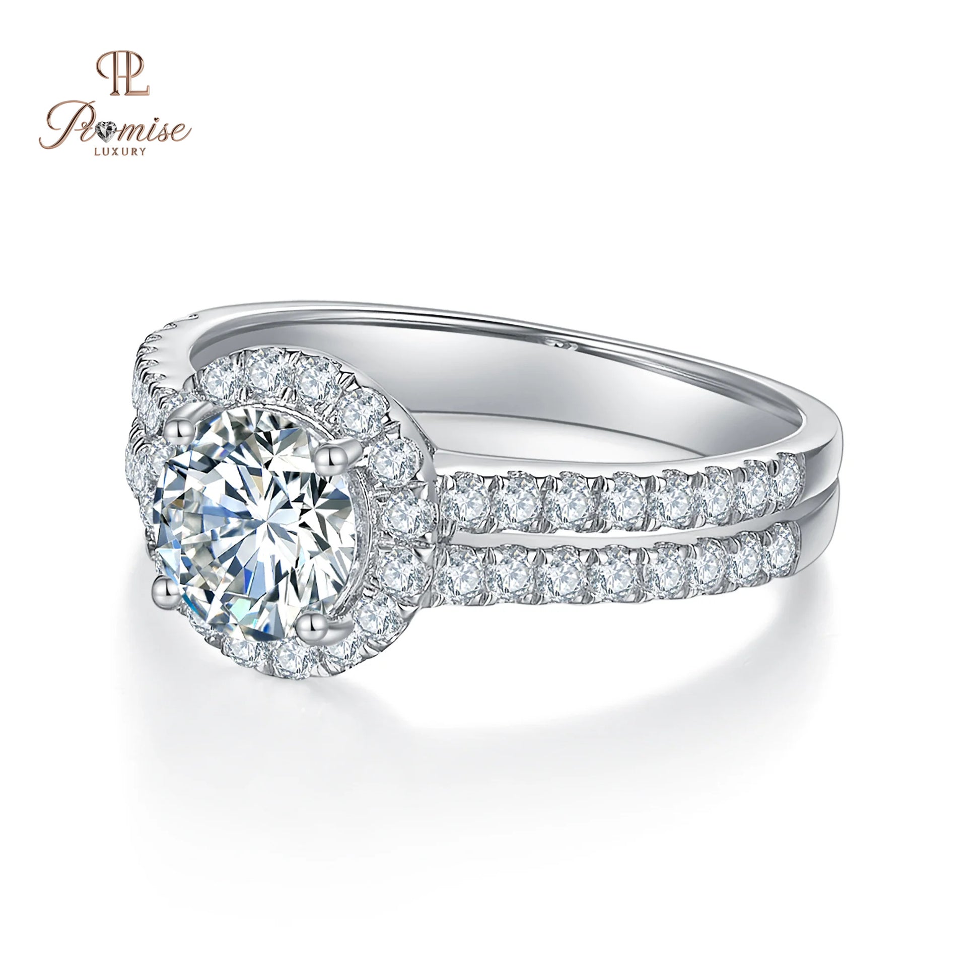 Sustainable Round Cut Halo Lab Grown Diamond Ring – Double Pave Band