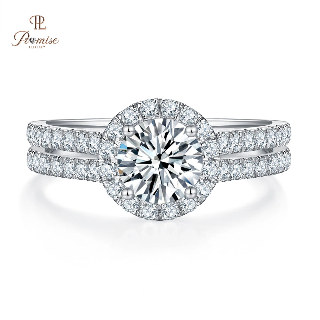 Sustainable Round Cut Halo Lab Grown Diamond Ring – Double Pave Band