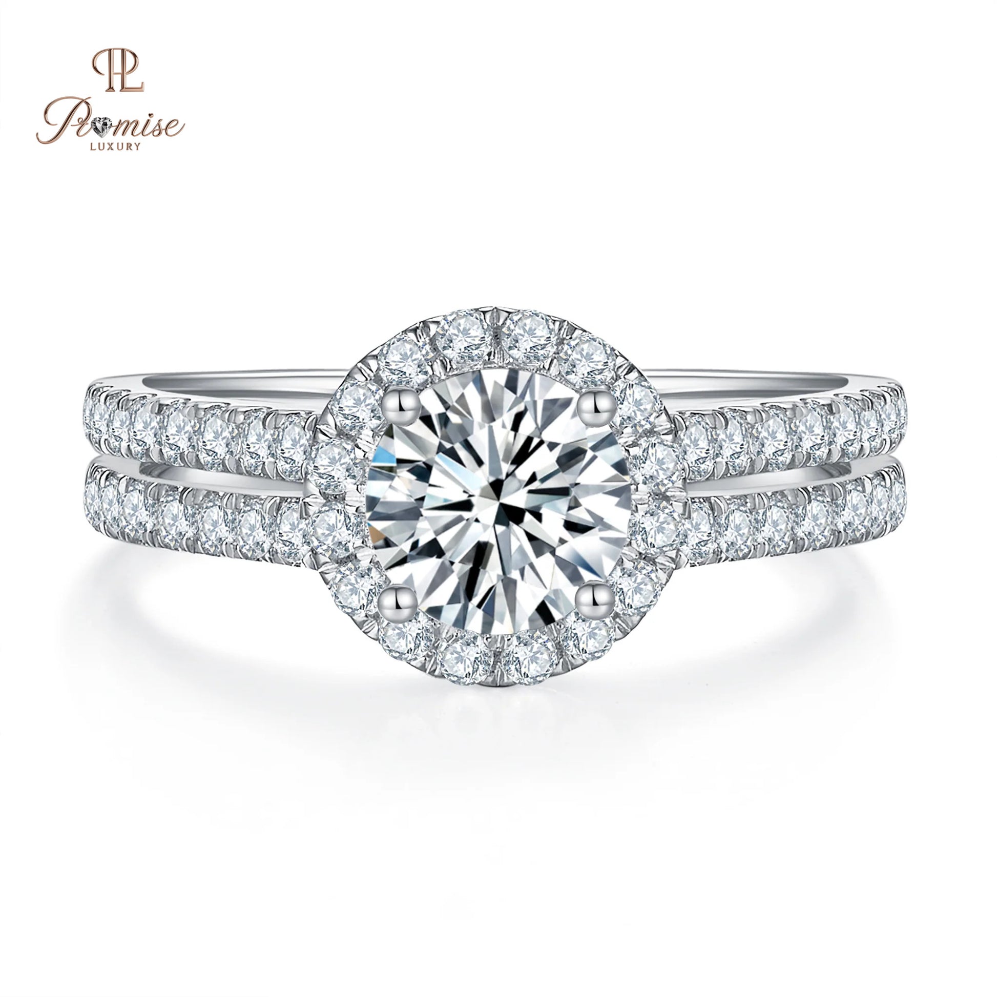 Sustainable Round Cut Halo Lab Grown Diamond Ring – Double Pave Band