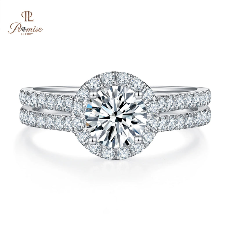 Sustainable Round Cut Halo Lab Grown Diamond Ring – Double Pave Band