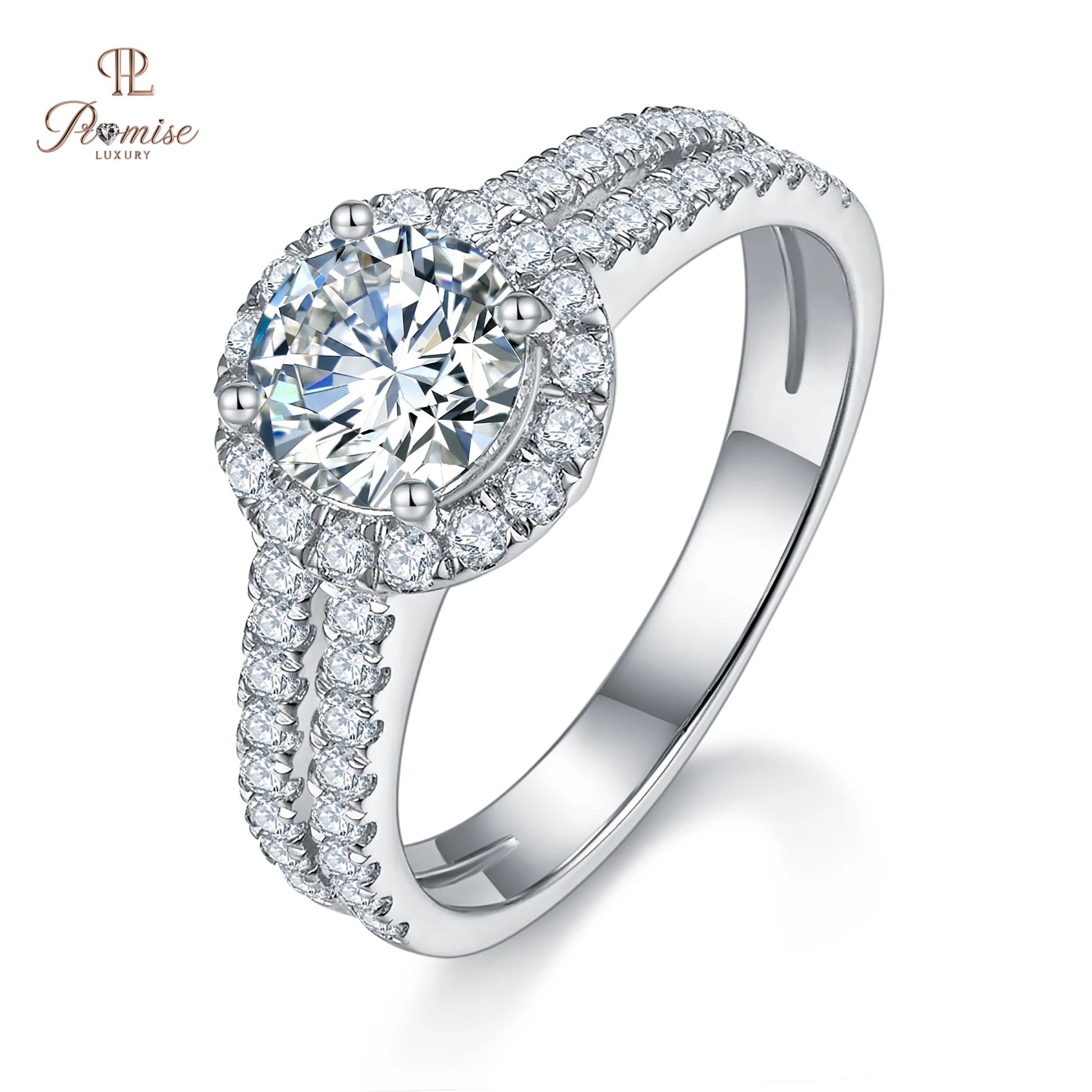 Sustainable Round Cut Halo Lab Grown Diamond Ring – Double Pave Band