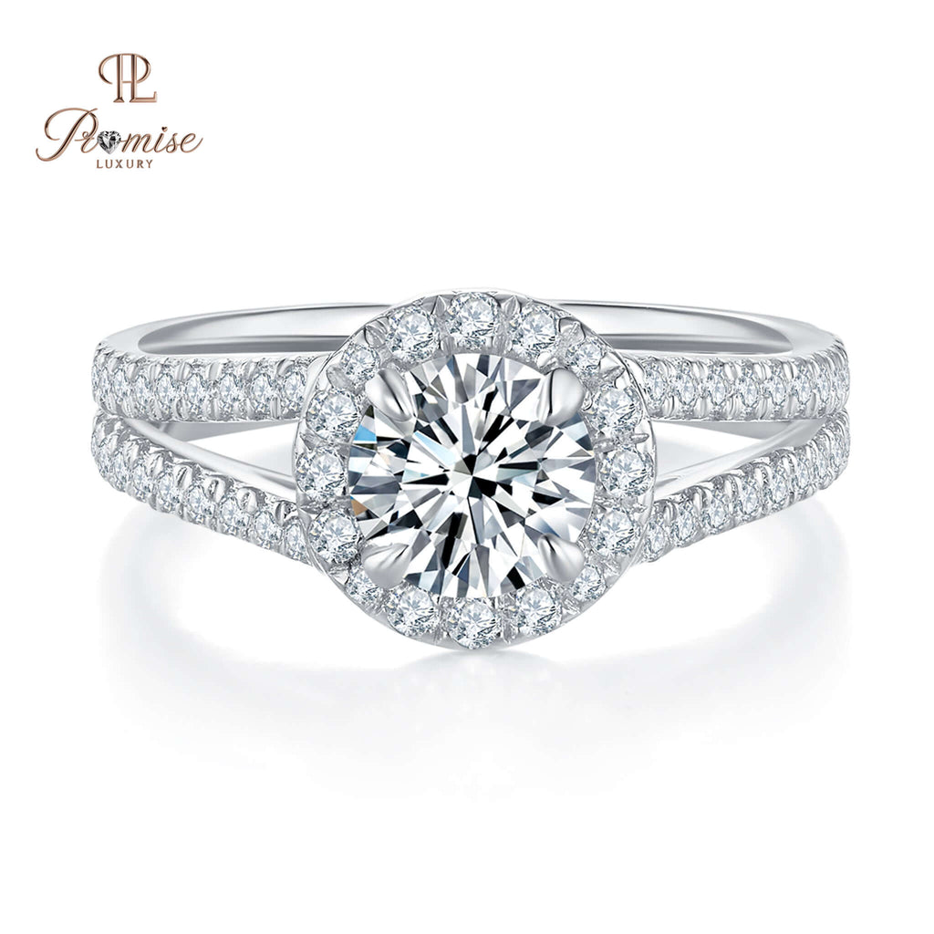 Luxury Round Halo Diamond Split Shank Engagement Ring - Solid Gold
