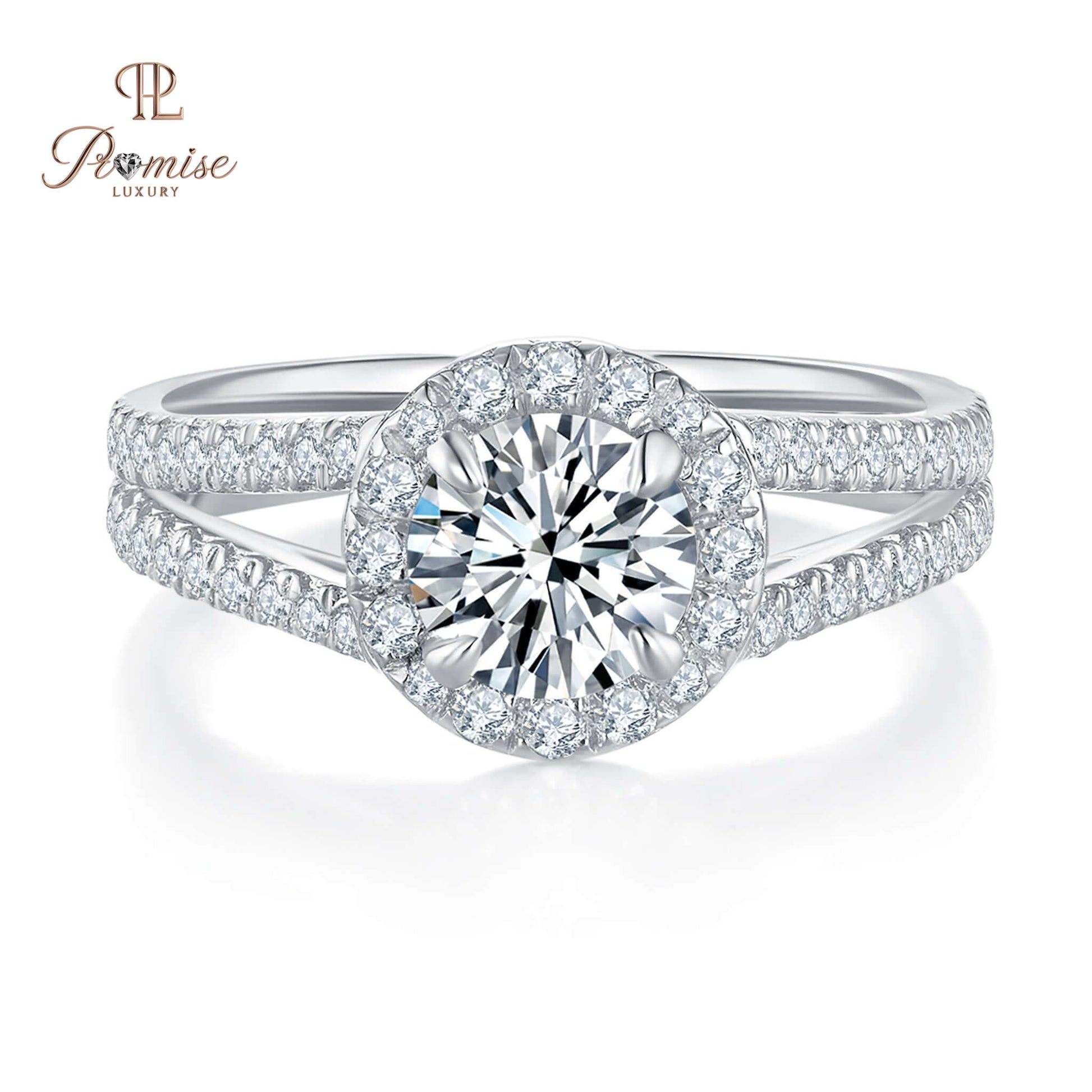 Luxury Round Halo Diamond Split Shank Engagement Ring - Solid Gold