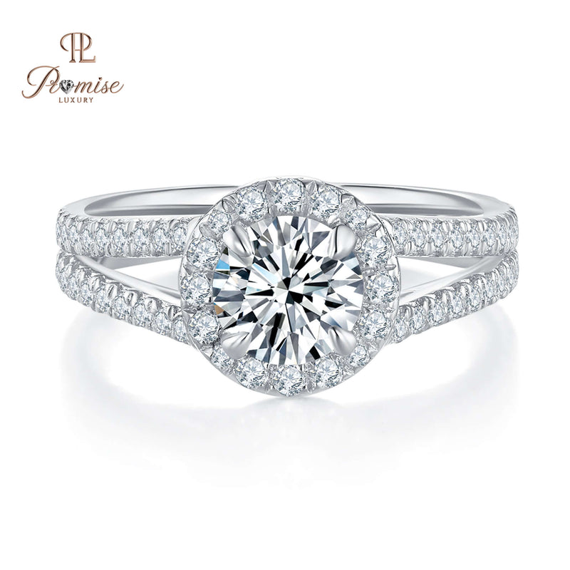 Luxury Round Halo Diamond Split Shank Engagement Ring - Solid Gold