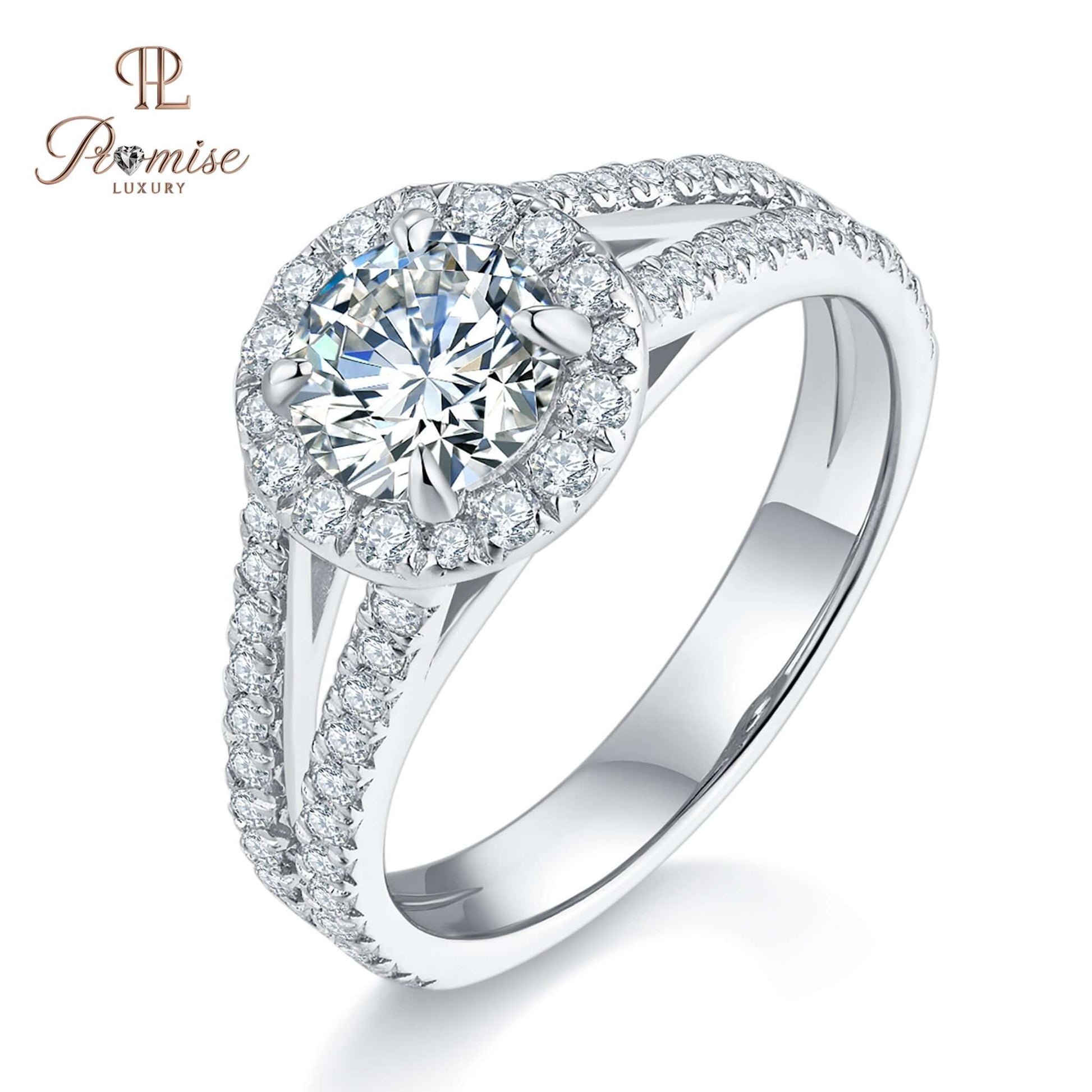 Luxury Round Halo Diamond Split Shank Engagement Ring - Solid Gold