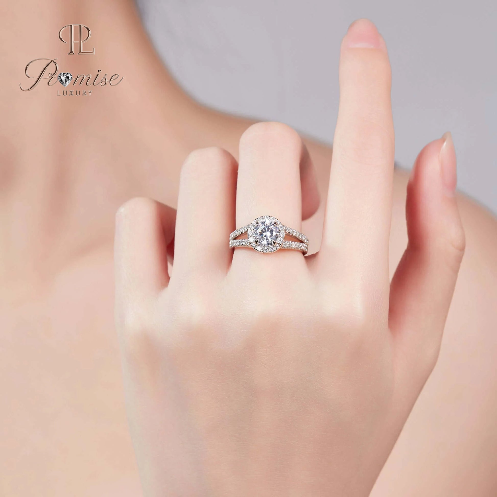 Luxury Round Halo Diamond Split Shank Engagement Ring - Solid Gold
