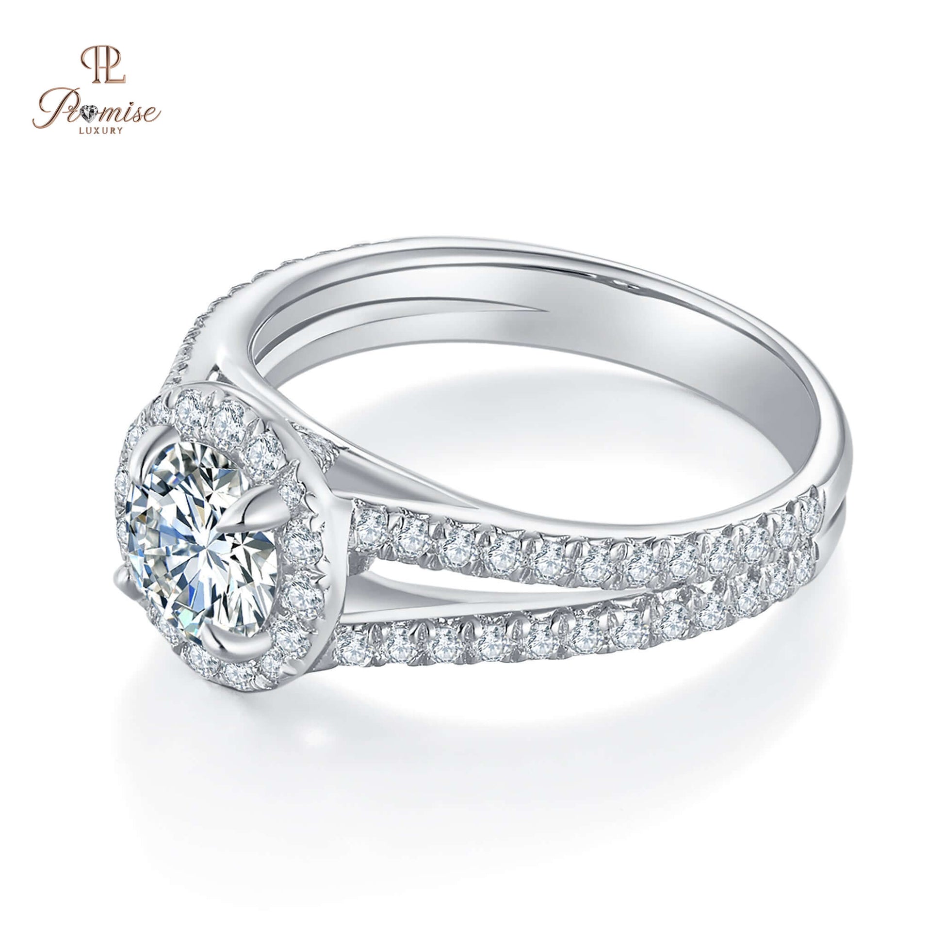 Luxury Round Halo Diamond Split Shank Engagement Ring - Solid Gold