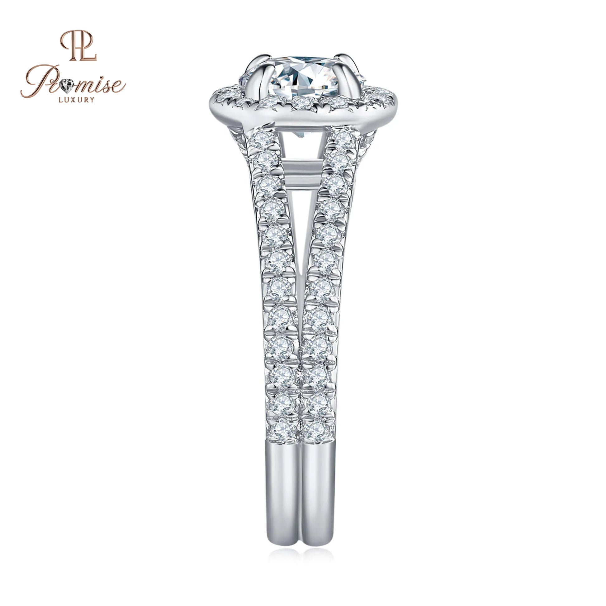 Luxury Round Halo Diamond Split Shank Engagement Ring - Solid Gold