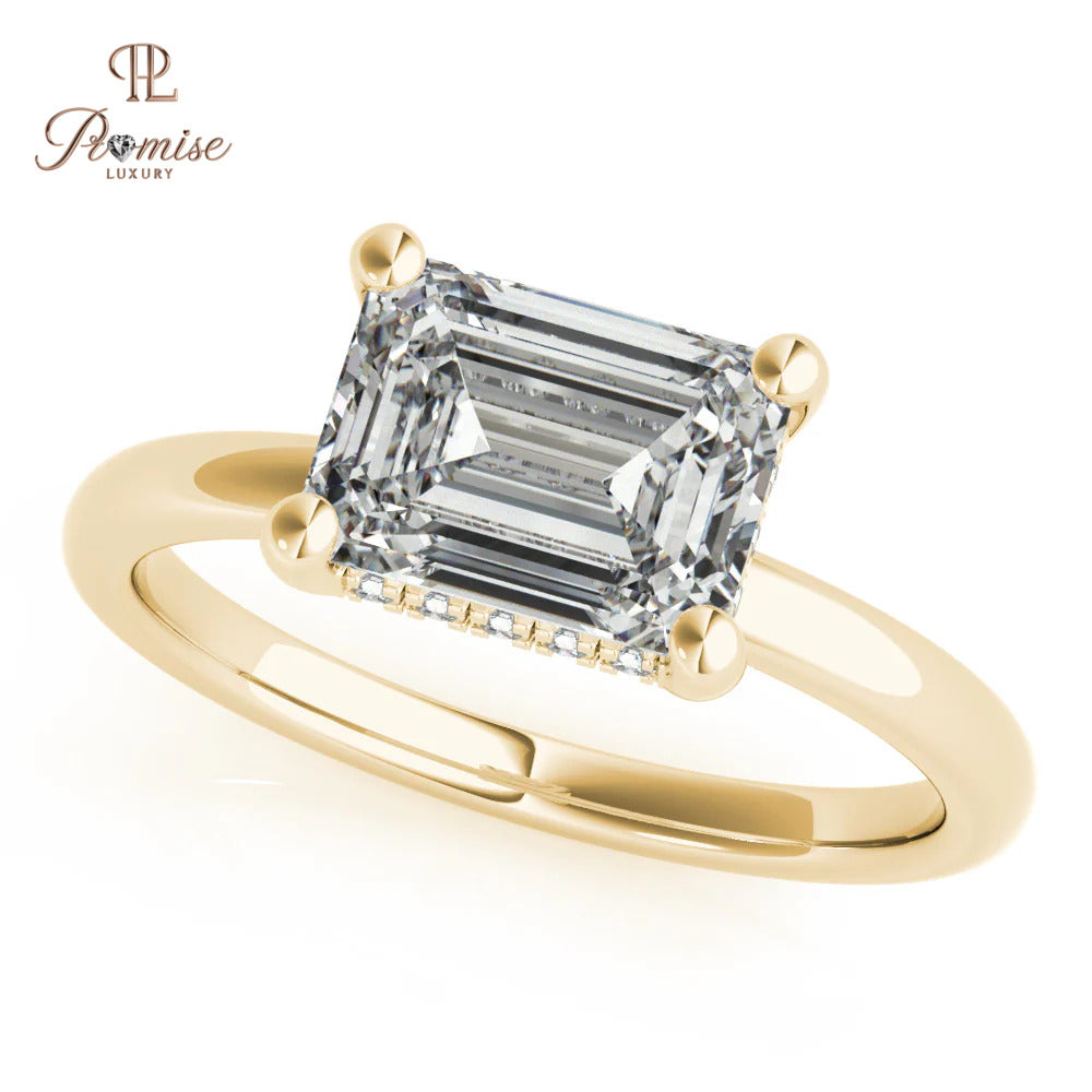 Unique East West Emerald Cut Hidden Halo Ring – Elegant Diamond Engagement Ring