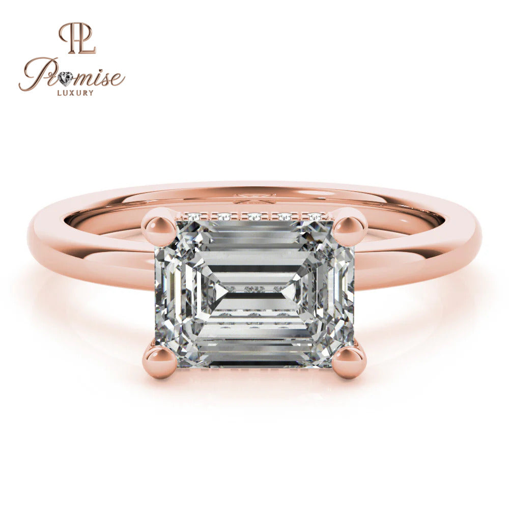 Unique East West Emerald Cut Hidden Halo Ring – Elegant Diamond Engagement Ring