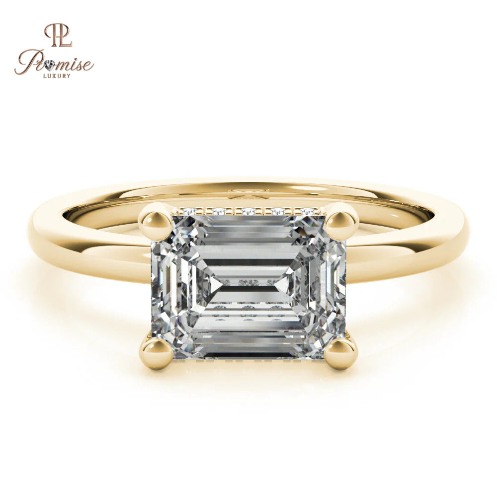 Unique East West Emerald Cut Hidden Halo Ring – Elegant Diamond Engagement Ring