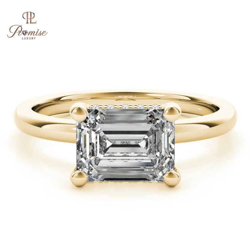 Unique East West Emerald Cut Hidden Halo Ring – Elegant Diamond Engagement Ring