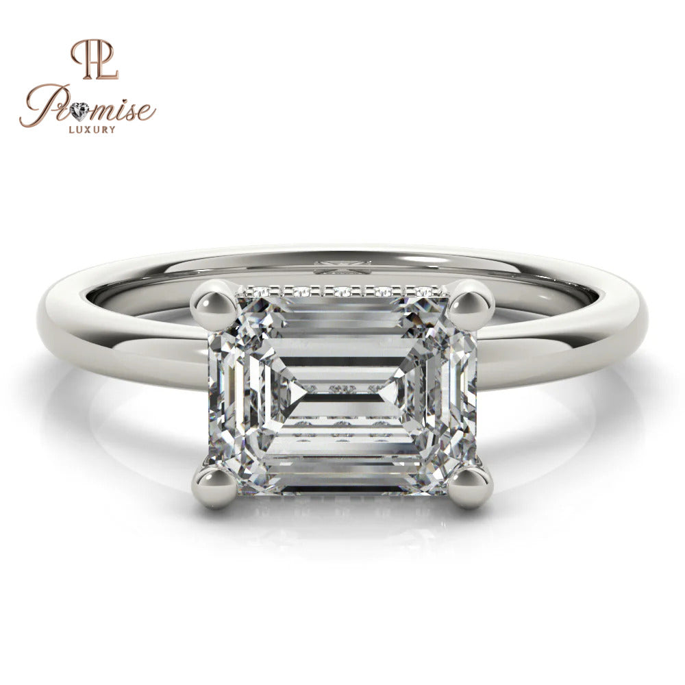 Unique East West Emerald Cut Hidden Halo Ring – Elegant Diamond Engagement Ring