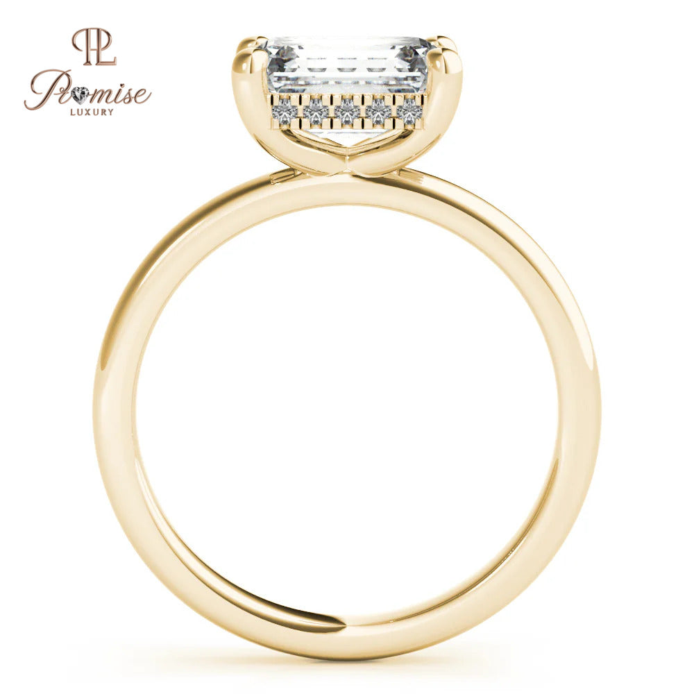 Unique East West Emerald Cut Hidden Halo Ring – Elegant Diamond Engagement Ring