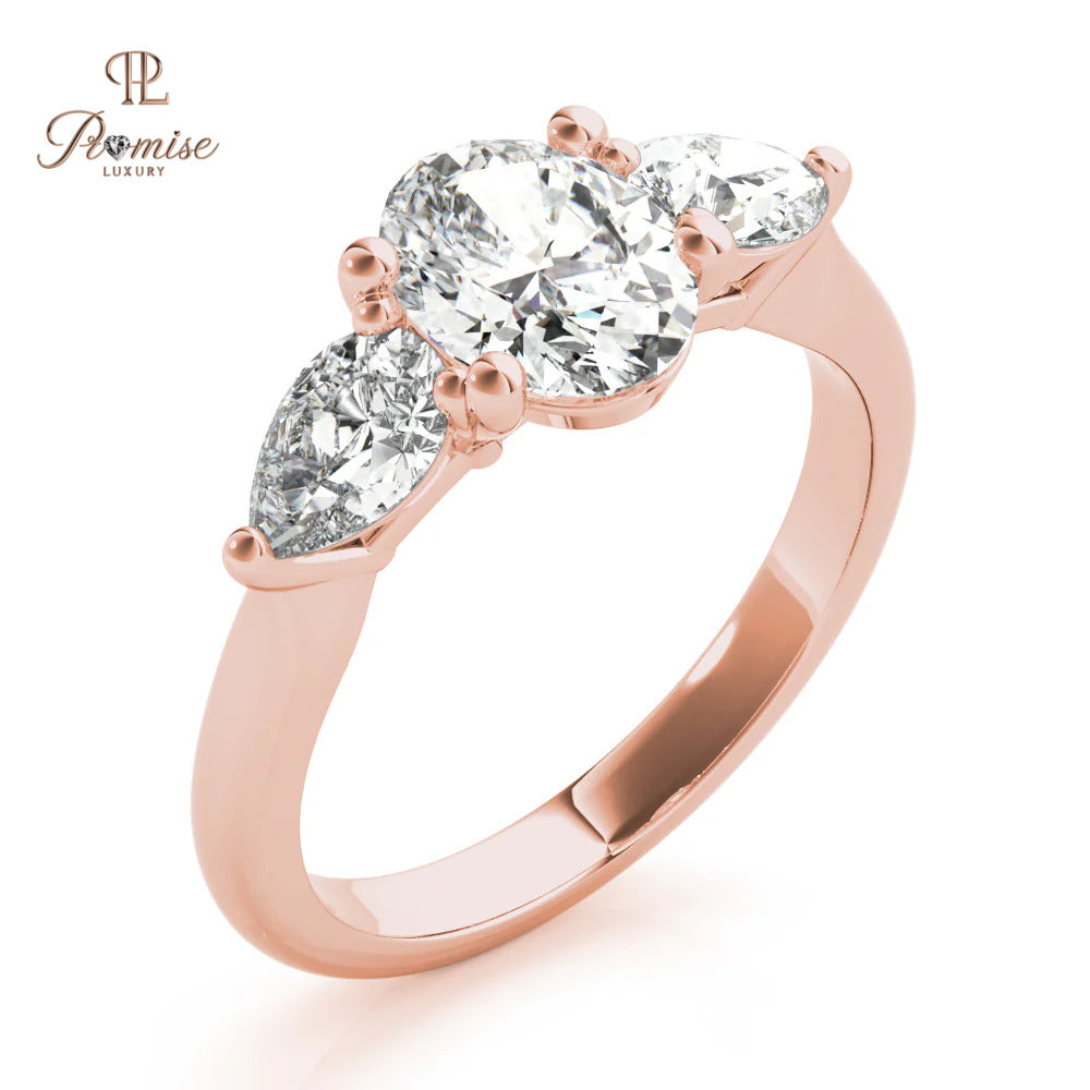 Three Stone Oval & Pear Cut Diamond Ring – Unique Engagement Ring for Women