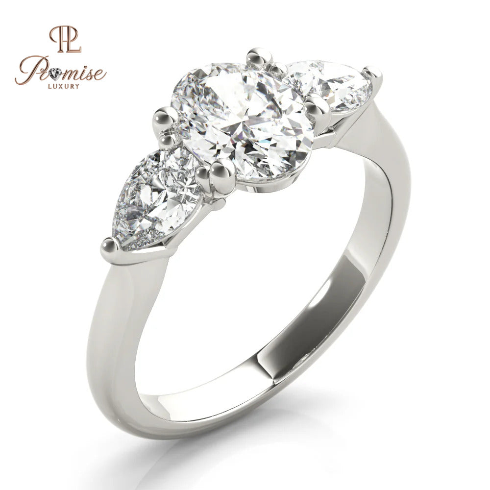 Three Stone Oval & Pear Cut Diamond Ring – Unique Engagement Ring for Women