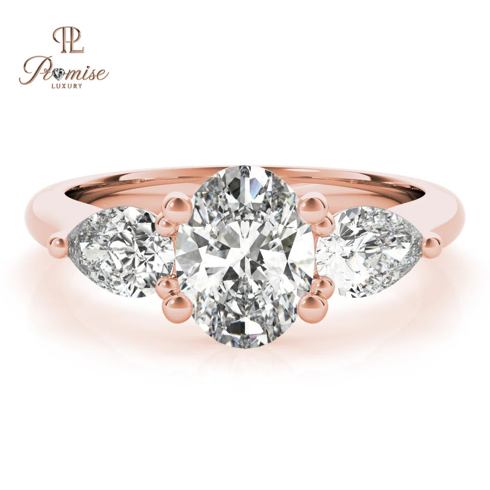 Three Stone Oval & Pear Cut Diamond Ring – Unique Engagement Ring for Women