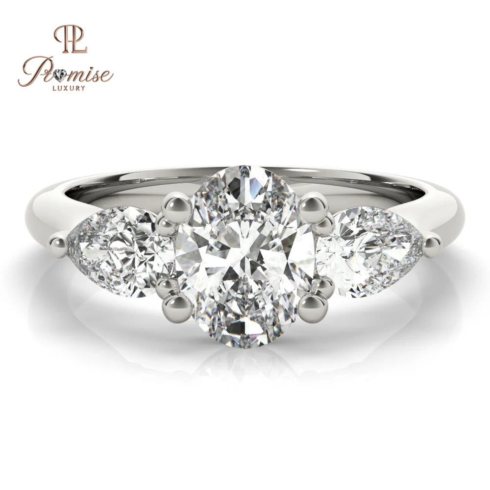 Three Stone Oval & Pear Cut Diamond Ring – Unique Engagement Ring for Women
