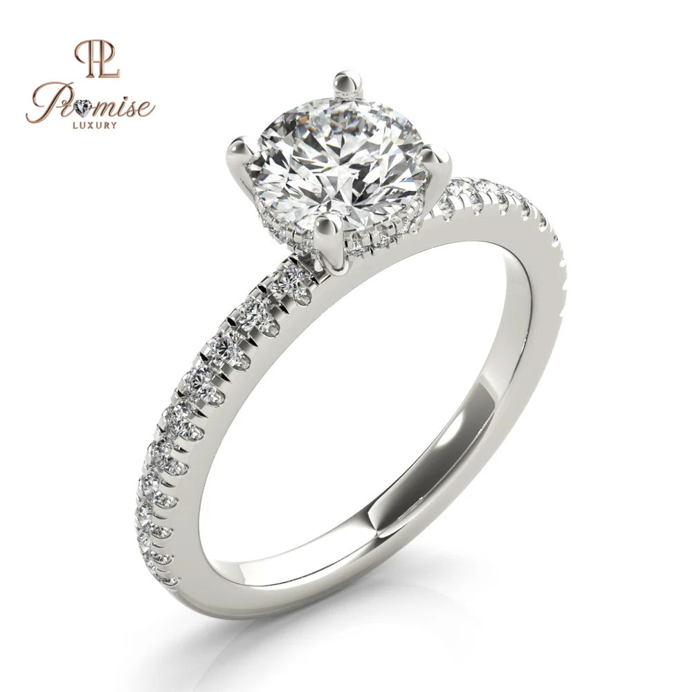 Round Diamond Solitaire Hidden Halo Engagement Ring in 14K White Gold – Elegant Bridal Ring