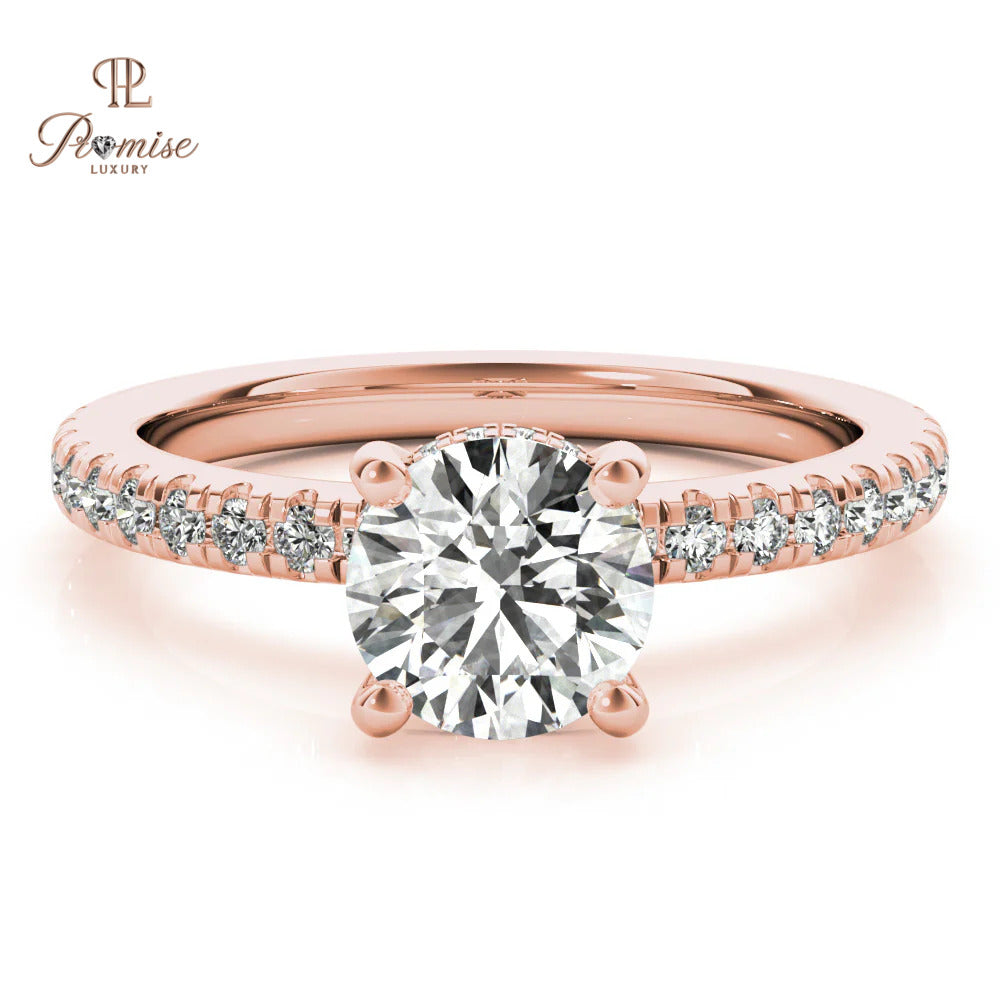 Round Diamond Solitaire Hidden Halo Engagement Ring in 14K White Gold – Elegant Bridal Ring