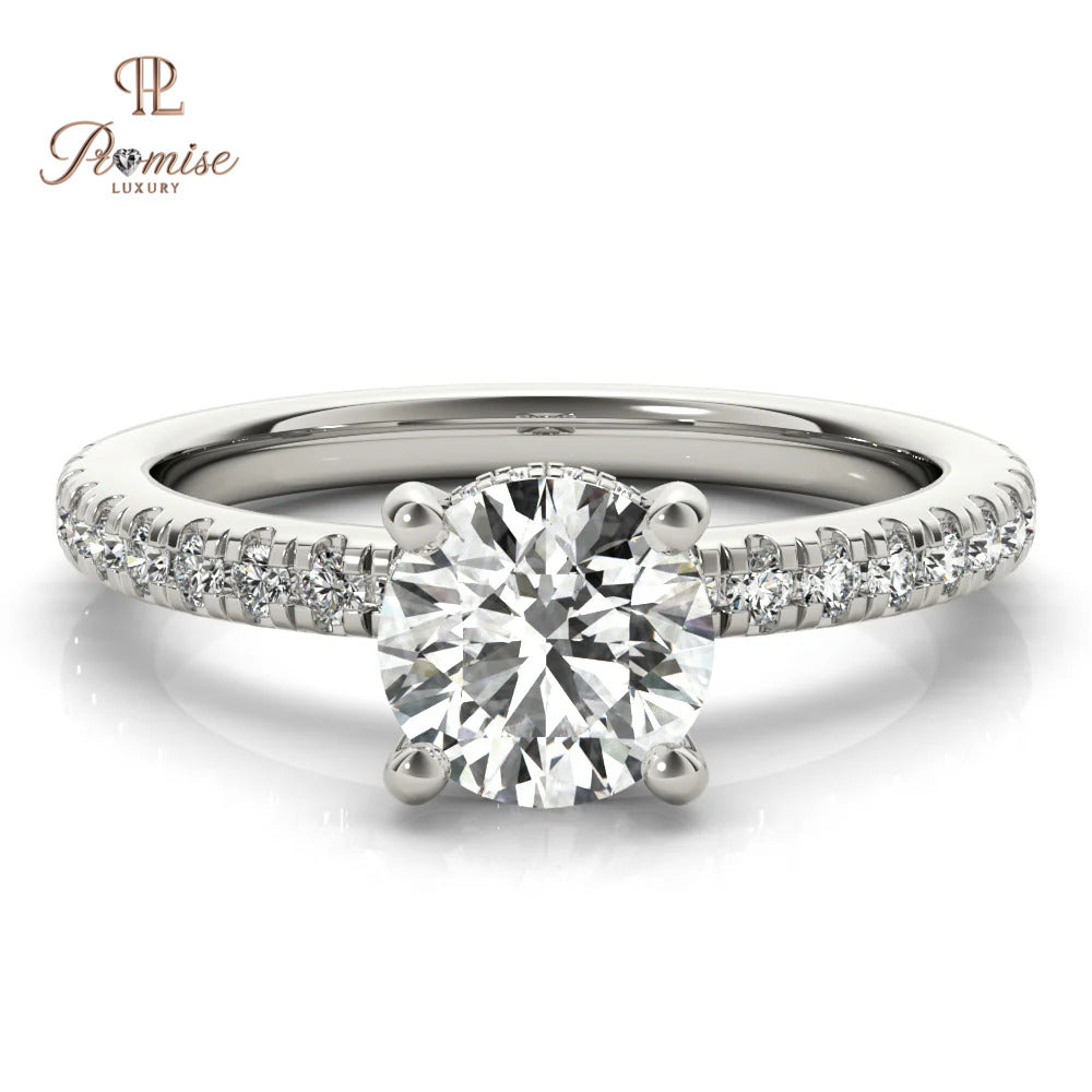 Round Diamond Solitaire Hidden Halo Engagement Ring in 14K White Gold – Elegant Bridal Ring