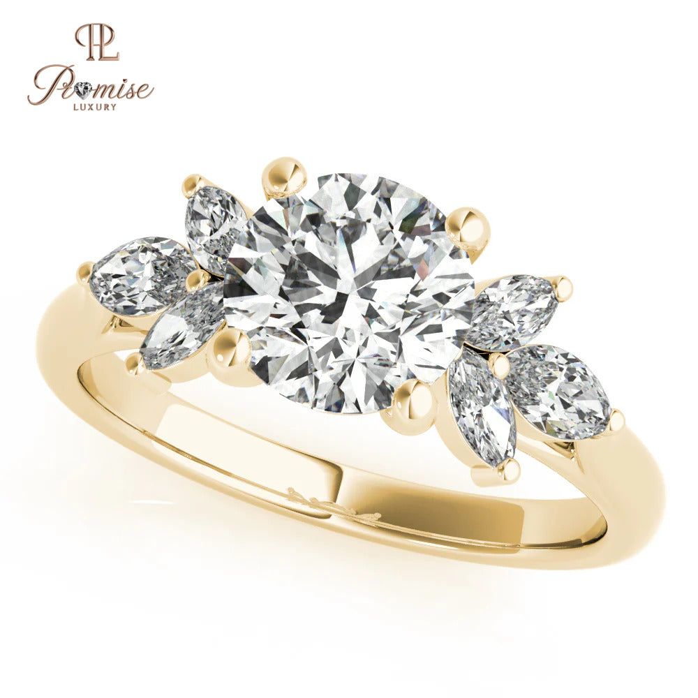 Elegant Round Diamond Engagement Ring – Trio Marquise Accents