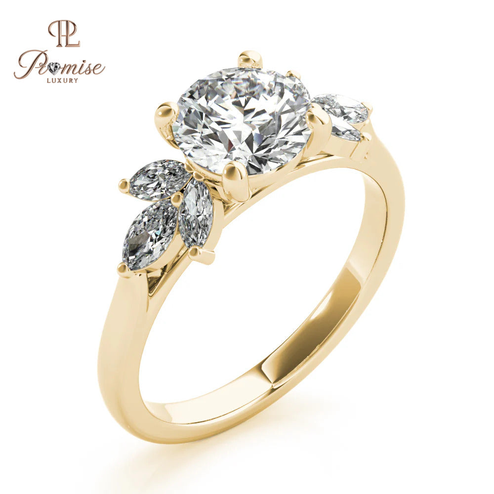 Elegant Round Diamond Engagement Ring – Trio Marquise Accents