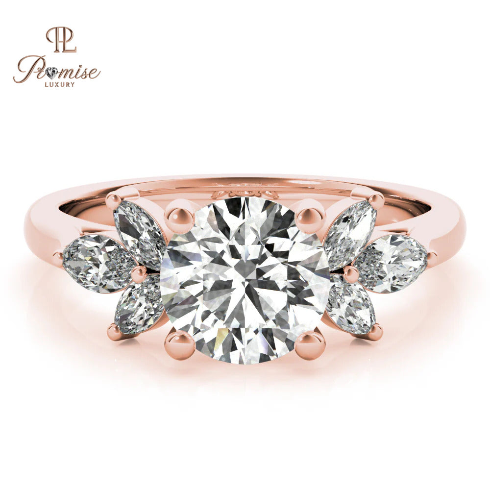 Elegant Round Diamond Engagement Ring – Trio Marquise Accents