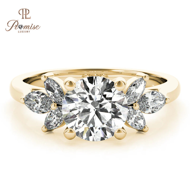 Elegant Round Diamond Engagement Ring – Trio Marquise Accents