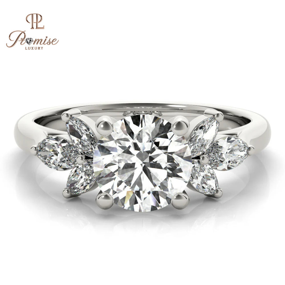 Elegant Round Diamond Engagement Ring – Trio Marquise Accents
