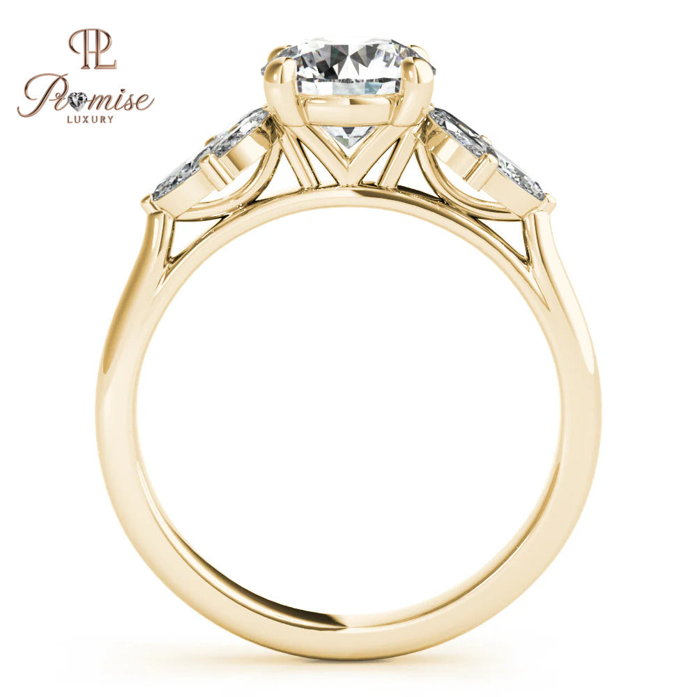Elegant Round Diamond Engagement Ring – Trio Marquise Accents