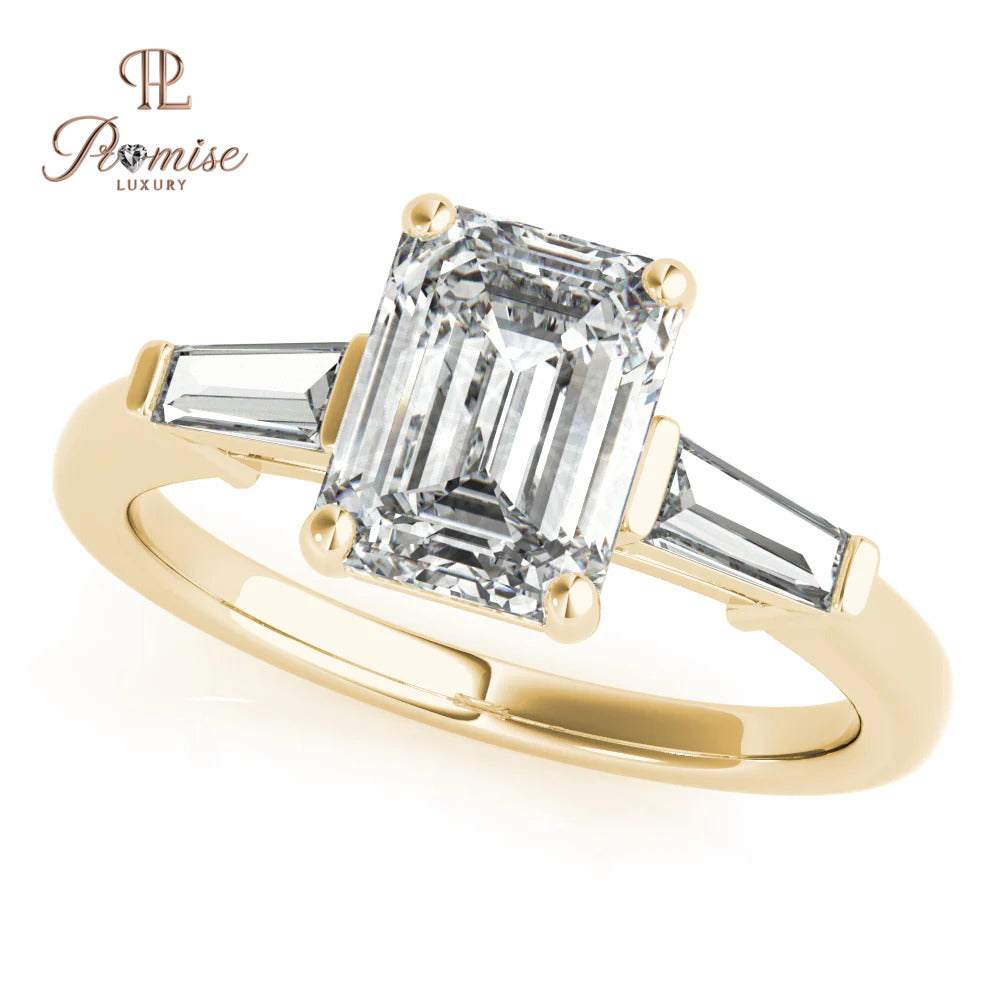 Emerald and Diamond Baguette Ring – Modern 14K Gold Engagement Ring