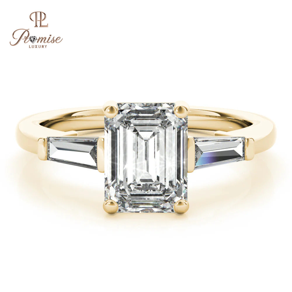 Emerald and Diamond Baguette Ring – Modern 14K Gold Engagement Ring