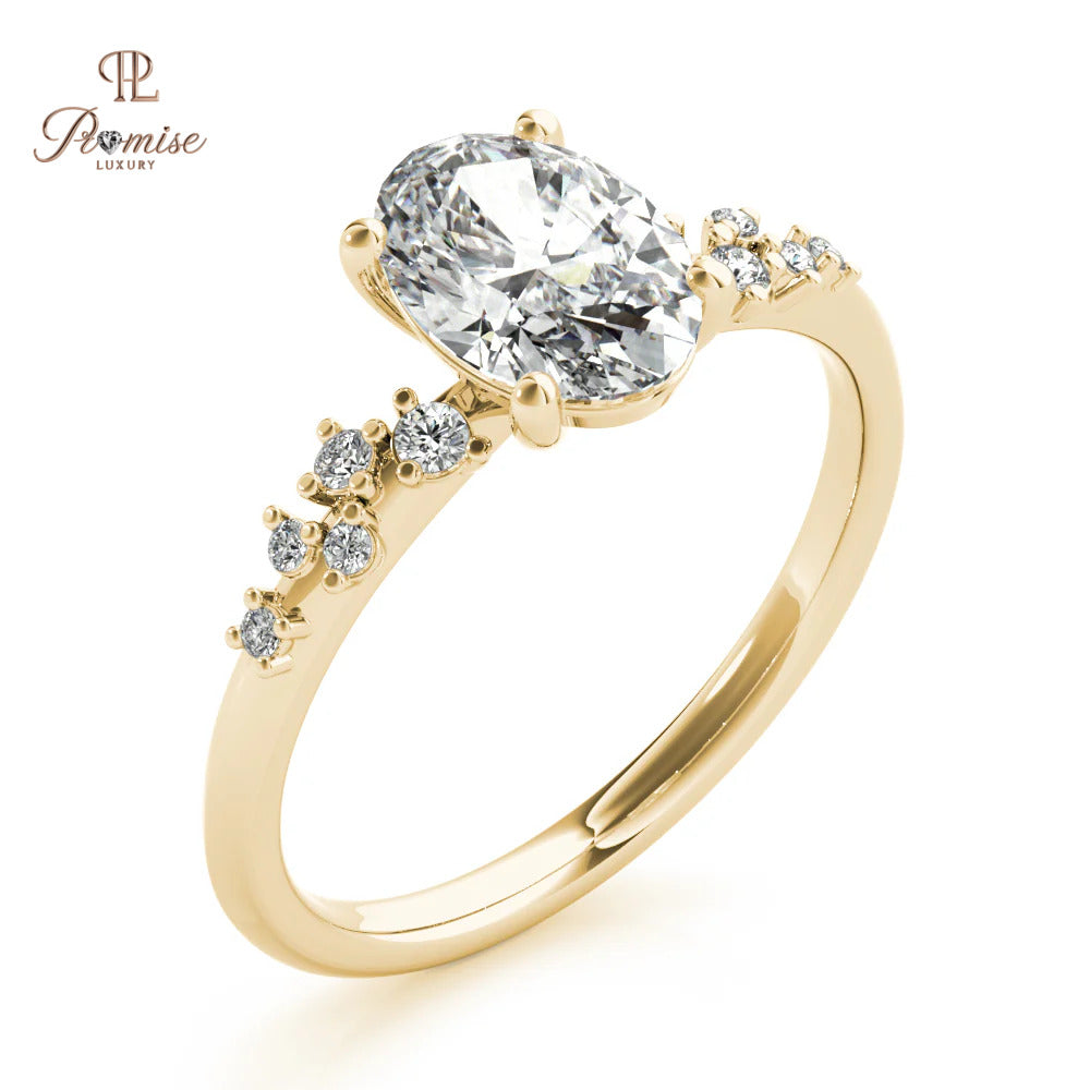 Oval Diamond Engagement Ring – Cluster Side Stone Bridal Ring for Women