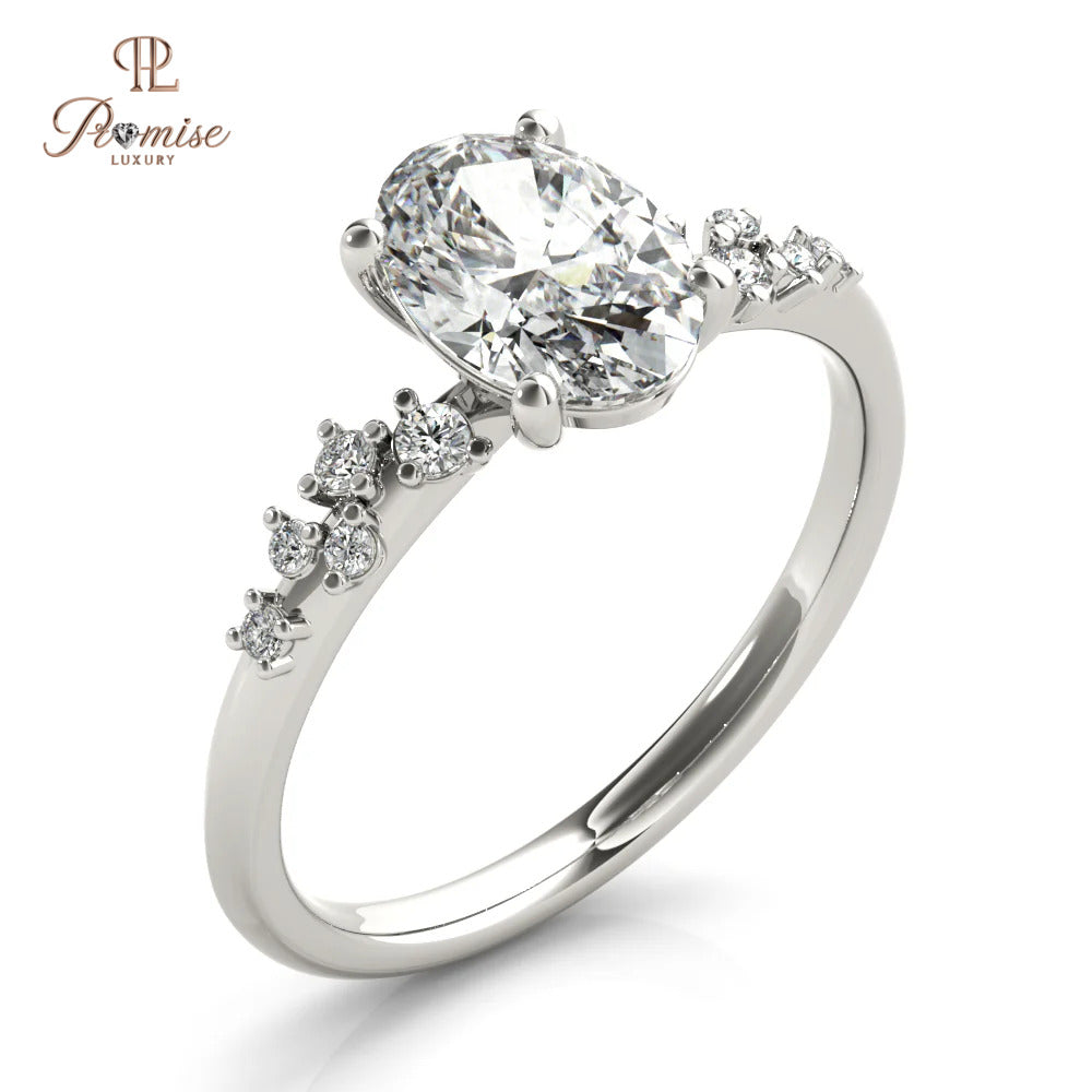 Oval Diamond Engagement Ring – Cluster Side Stone Bridal Ring for Women