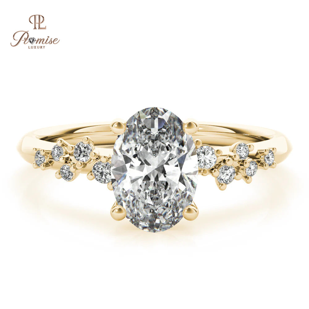 Oval Diamond Engagement Ring – Cluster Side Stone Bridal Ring for Women