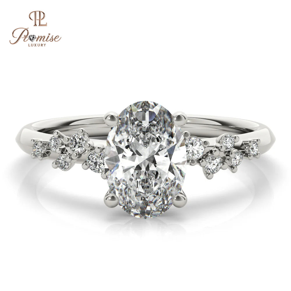 Oval Diamond Engagement Ring – Cluster Side Stone Bridal Ring for Women