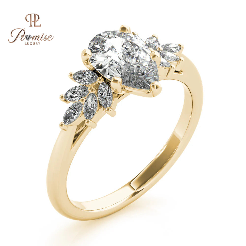 Pear Diamond Ring with Side Marquise Clusters – Luxury Engagement Ring for Women