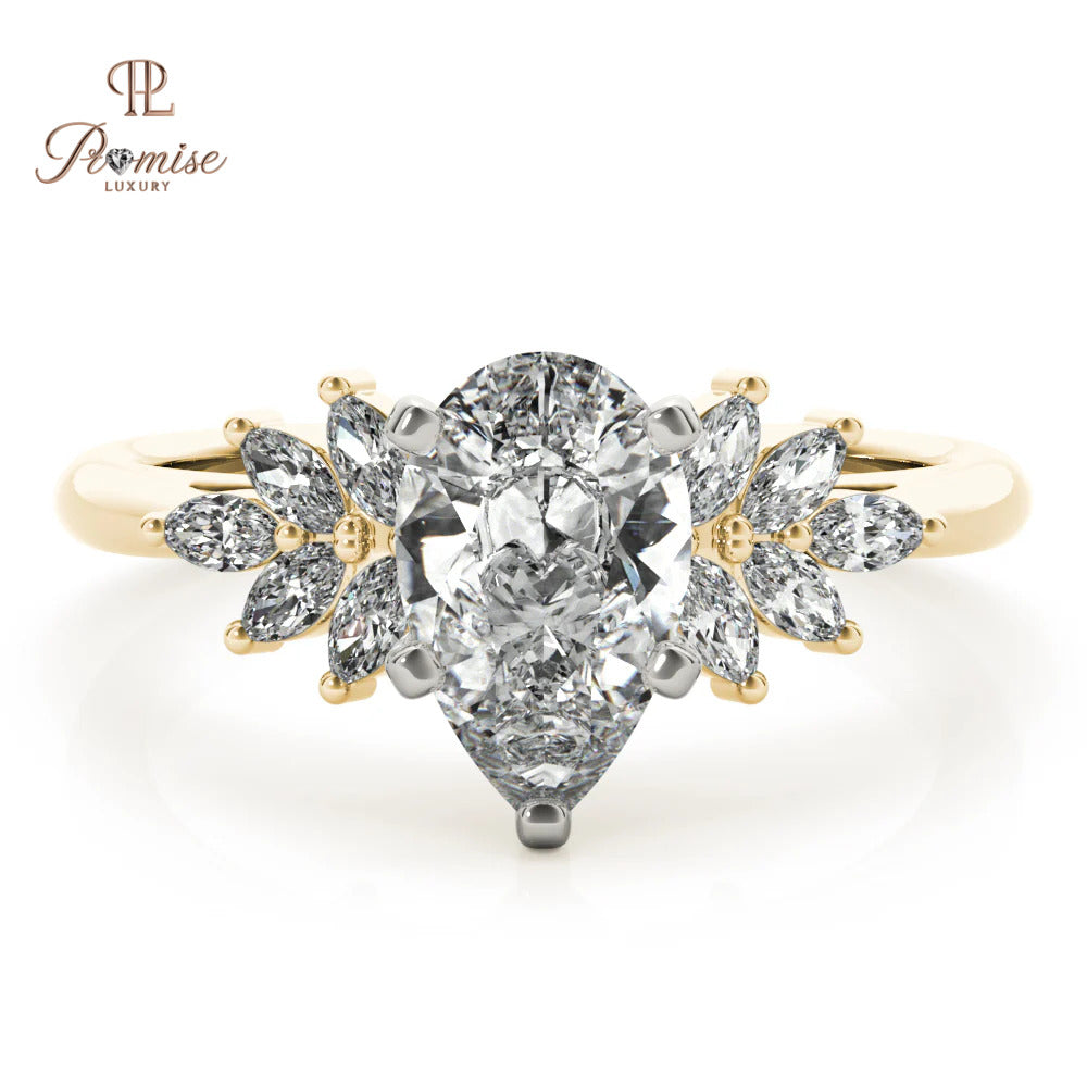 Pear Diamond Ring with Side Marquise Clusters – Luxury Engagement Ring for Women