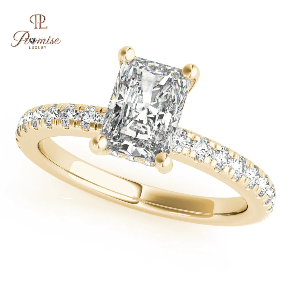 Unique Radiant Cut Hidden Halo Diamond Engagement Ring – Accent Diamond Wedding Ring