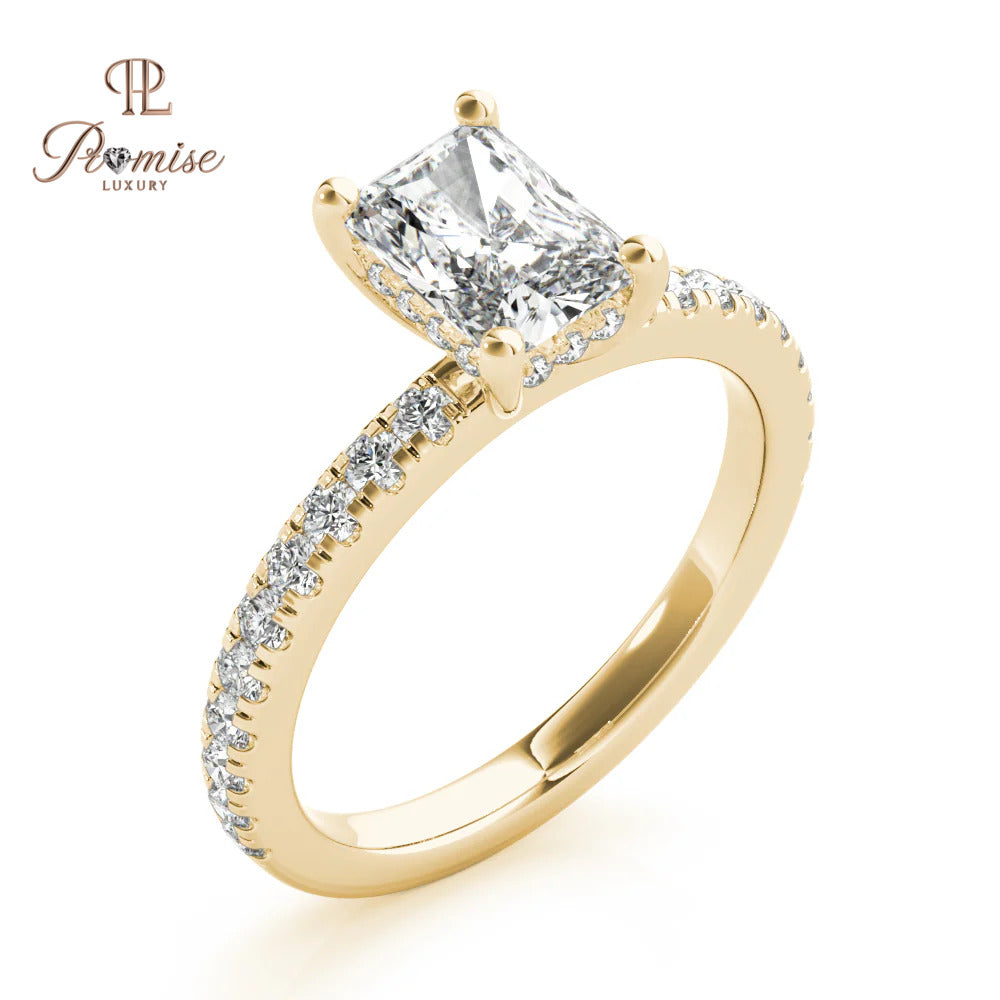 Unique Radiant Cut Hidden Halo Diamond Engagement Ring – Accent Diamond Wedding Ring