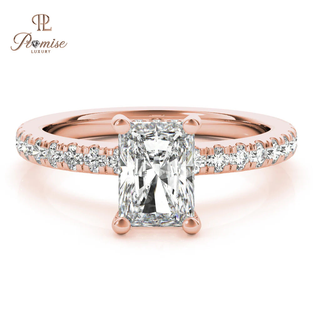 Unique Radiant Cut Hidden Halo Diamond Engagement Ring – Accent Diamond Wedding Ring