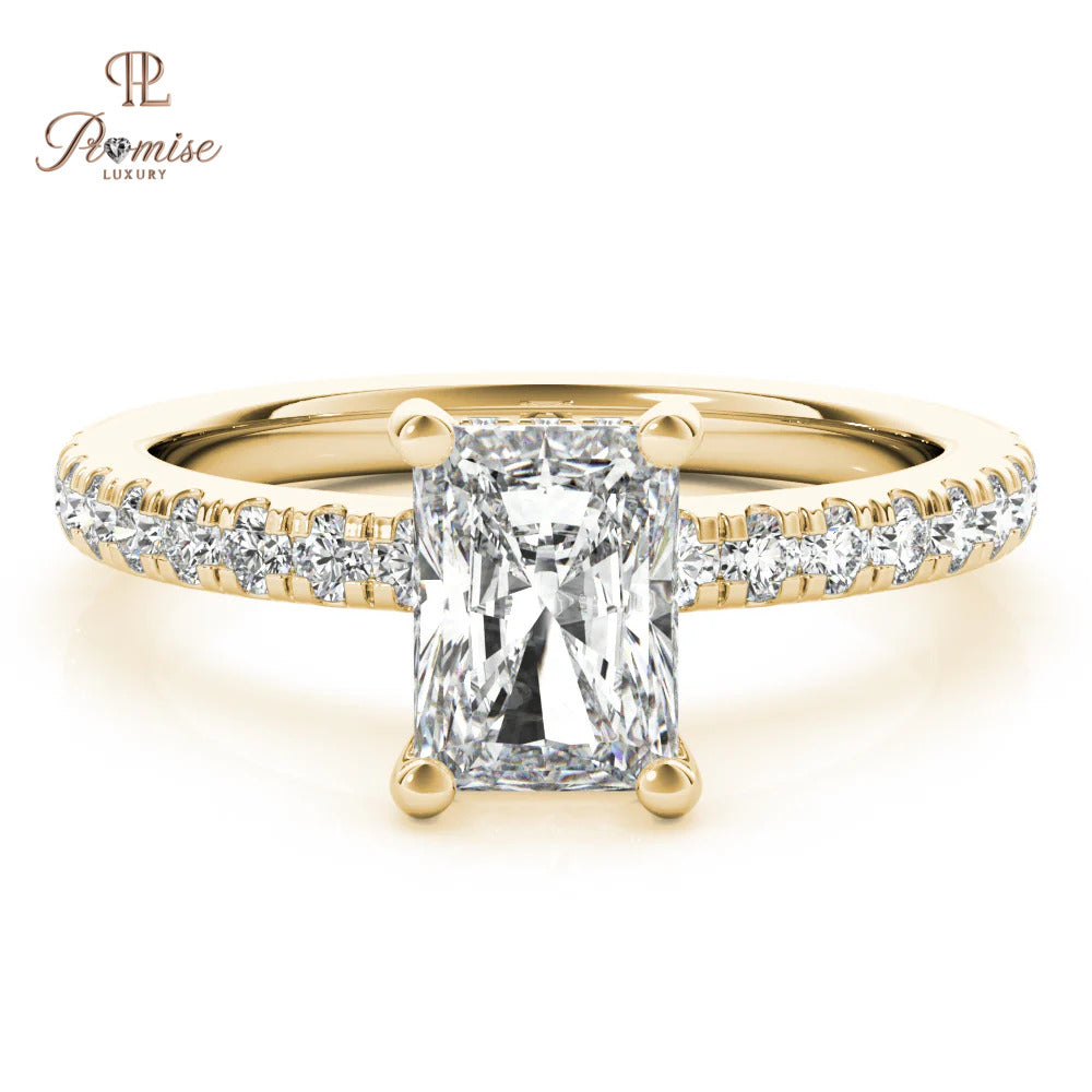 Unique Radiant Cut Hidden Halo Diamond Engagement Ring – Accent Diamond Wedding Ring