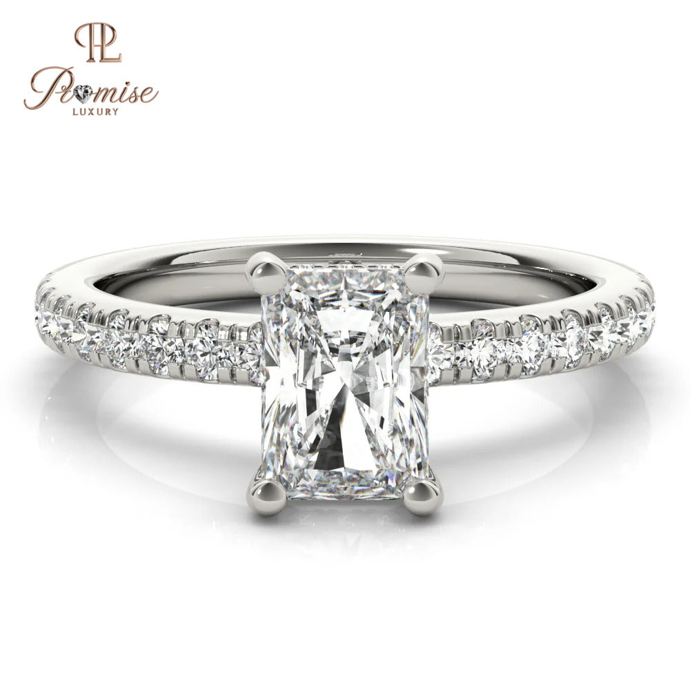 Unique Radiant Cut Hidden Halo Diamond Engagement Ring – Accent Diamond Wedding Ring