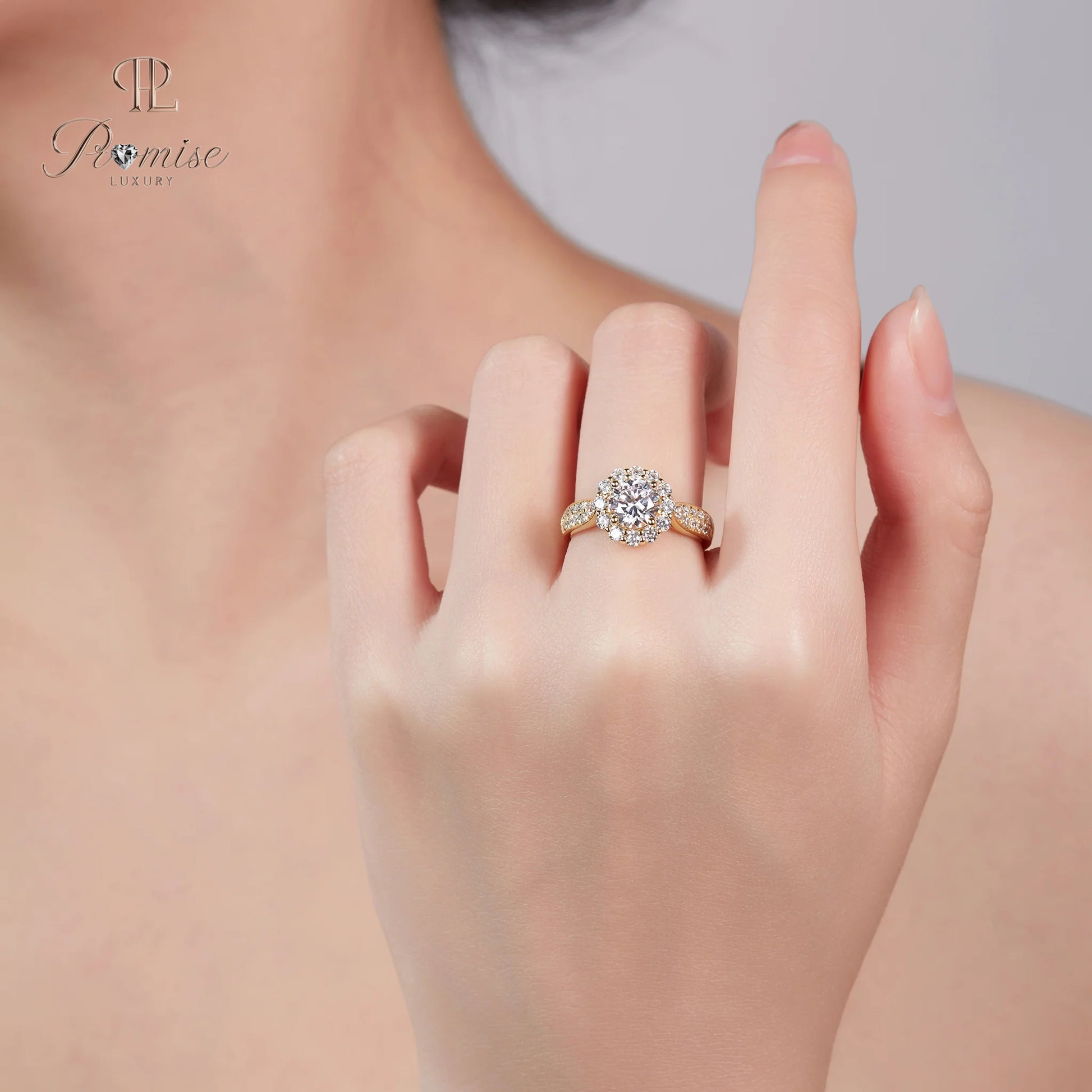 Fancy Round Cut Halo Lab Diamond Engagement Ring 14K Gold